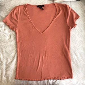 Forever 21 Salmon Lettuce Hem V-Neck Tee